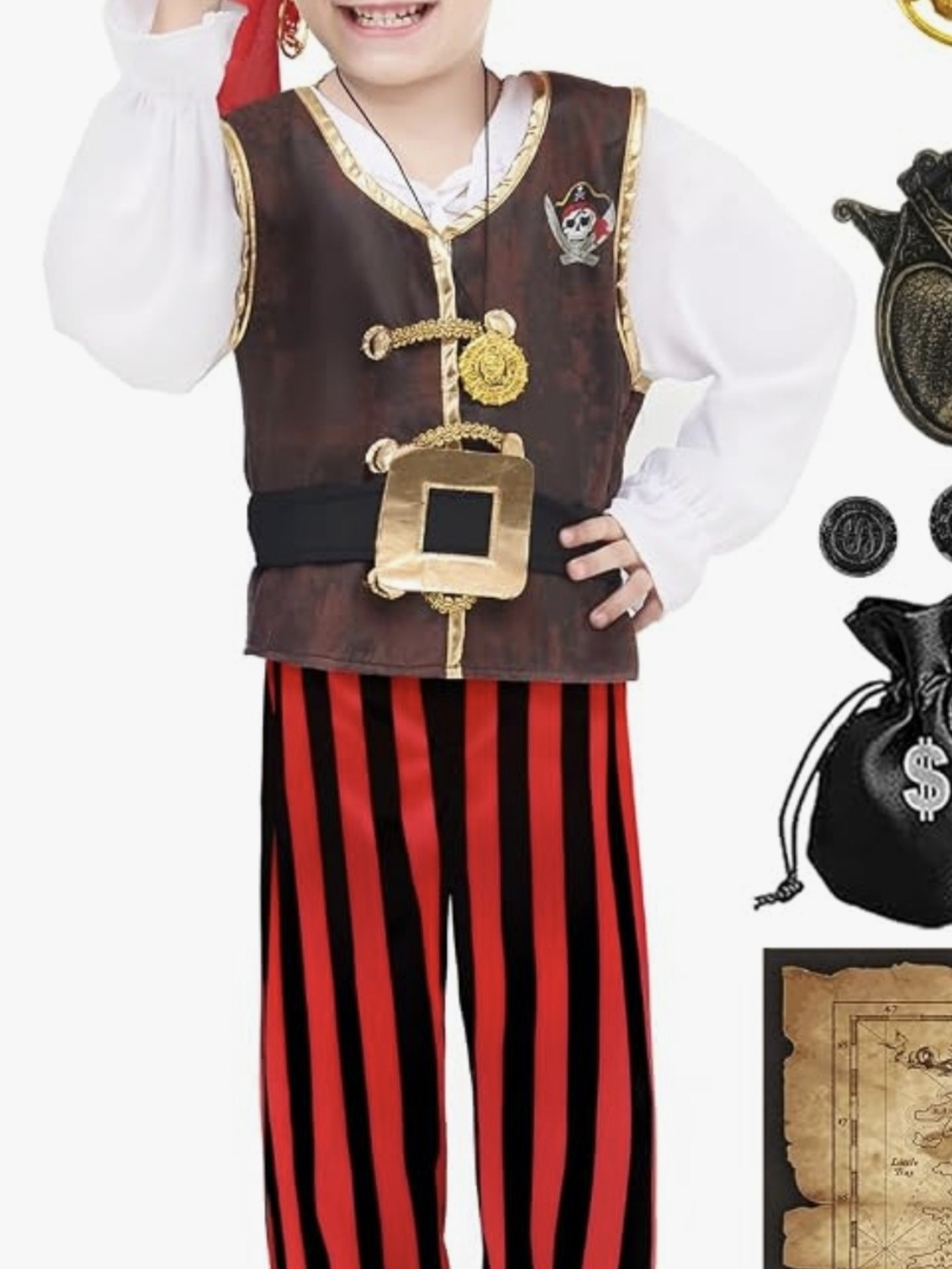 Children's Pirate Costume - Brown Vest with Red & Black Striped Pants